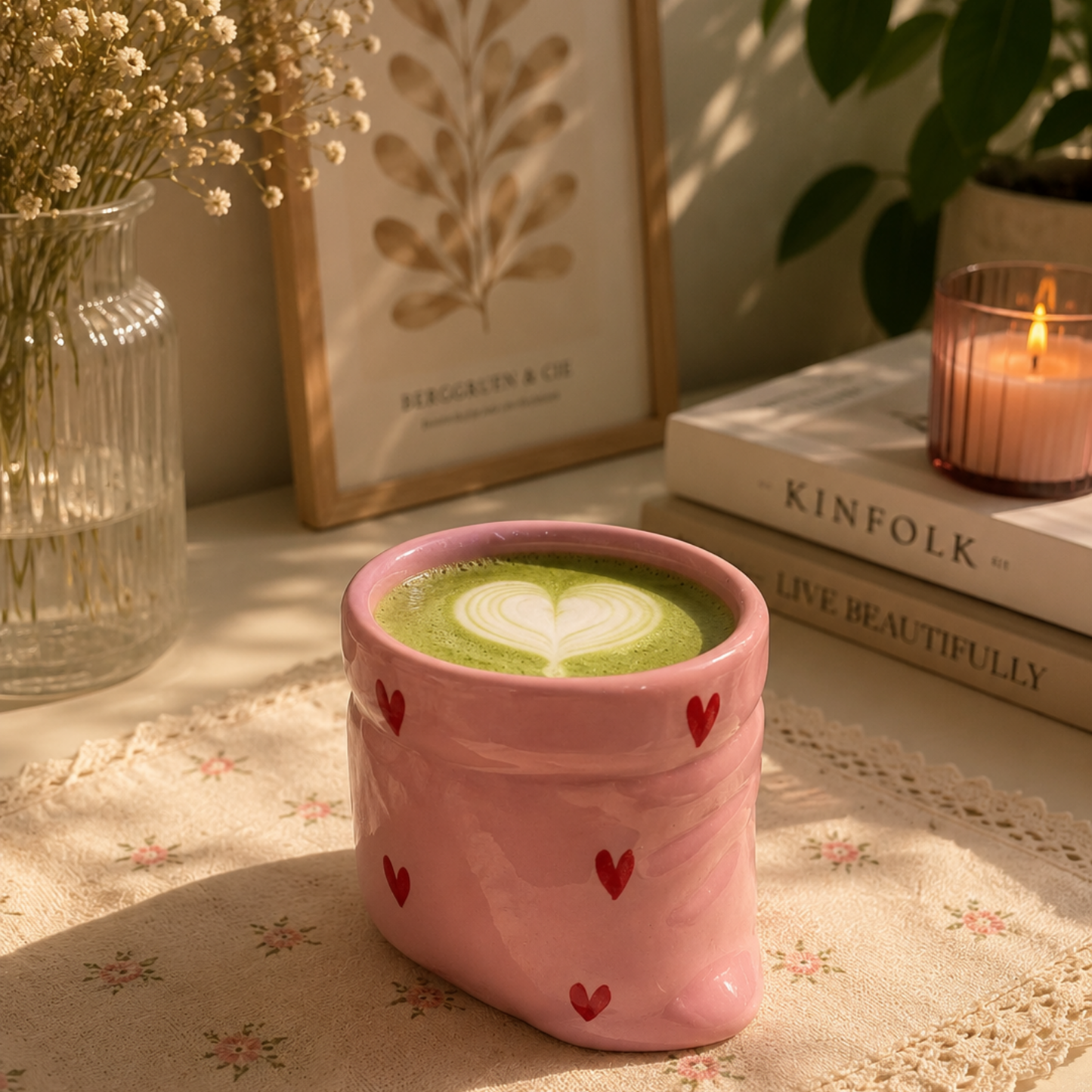 Pink Ceramic Pouch Mug with Hearts