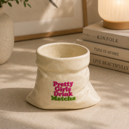 Pretty Girls Drink Matcha- White Ceramic Pouch Mug with UV DTF Sticker