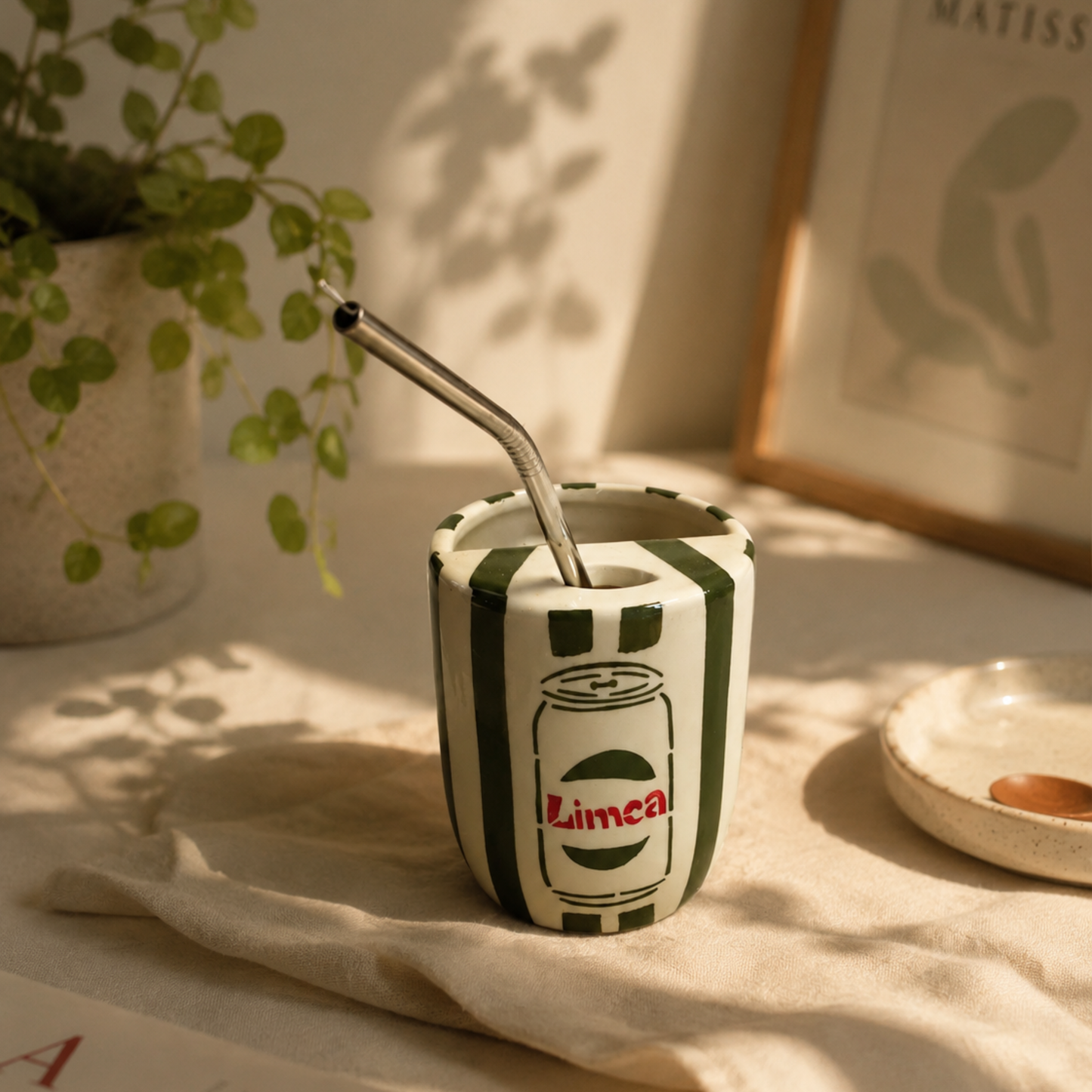 Dark Green Limca Ceramic Sipper/Tumbler - with stainless steel straw