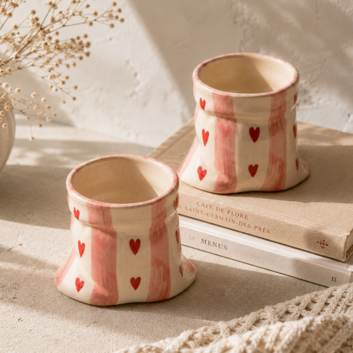 Pink stripes Heart Print Ceramic Pouch Mug