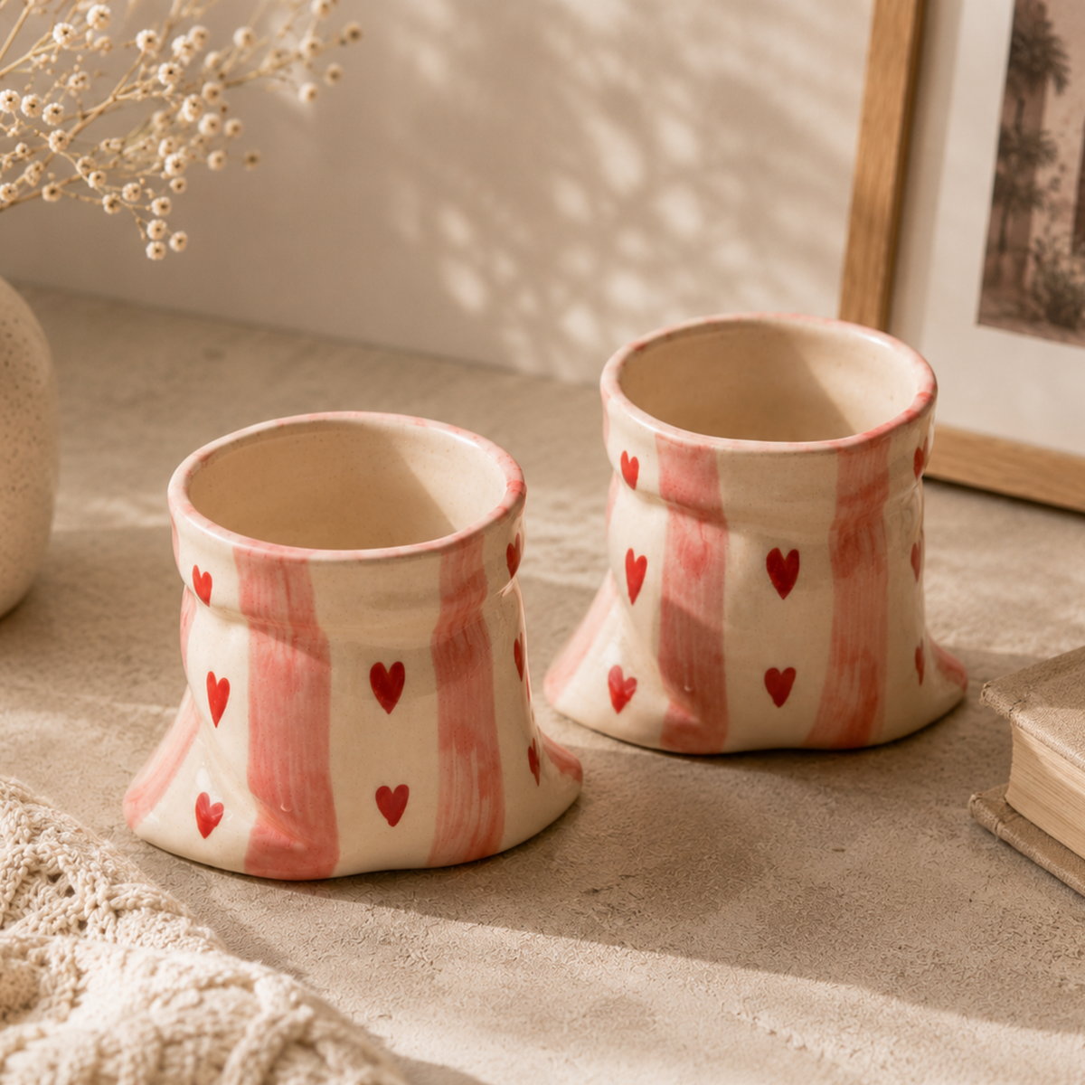 Pink stripes Heart Print Ceramic Pouch Mug