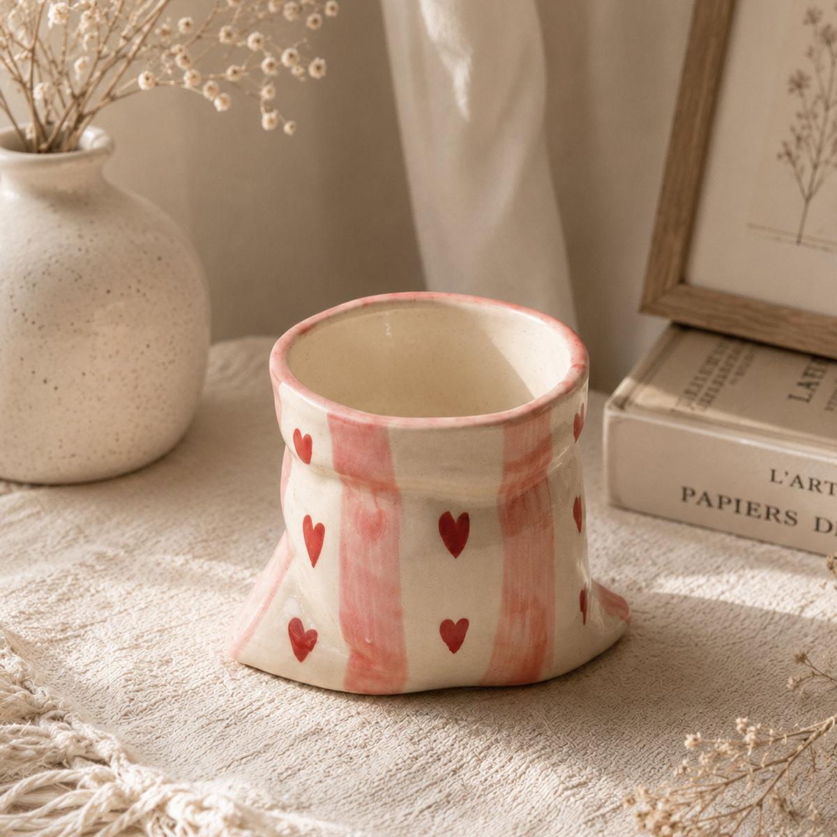 Pink stripes Heart Print Ceramic Pouch Mug