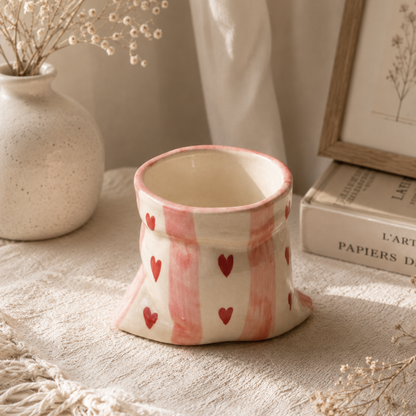 Pink stripes Heart Print Ceramic Pouch Mug
