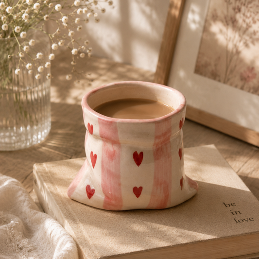Pink stripes Heart Print Ceramic Pouch Mug