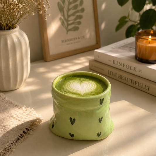 Green Ceramic Pouch Mug with Hearts