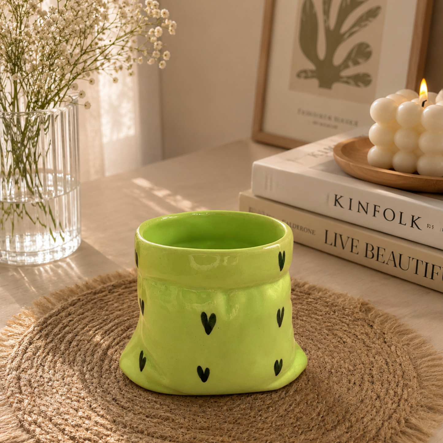 Green Ceramic Pouch Mug with Hearts