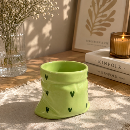 Green Ceramic Pouch Mug with Hearts