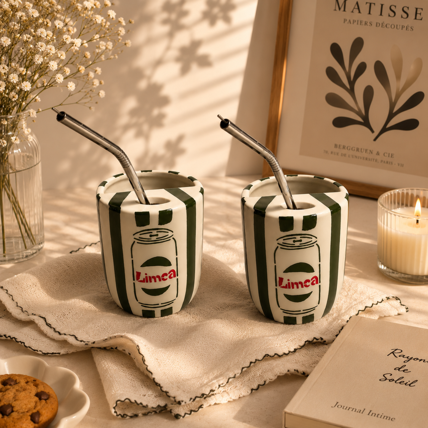 Dark Green Limca Ceramic Sipper/Tumbler - with stainless steel straw
