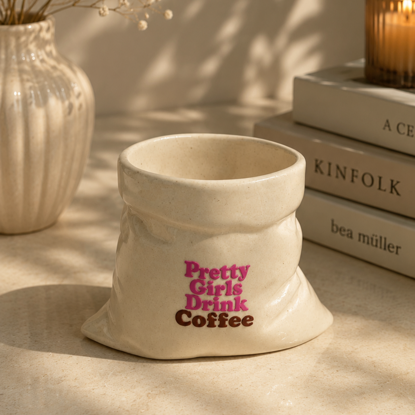 Pretty Girls Drink Coffee- White Ceramic Pouch Mug with UV DTF Sticker