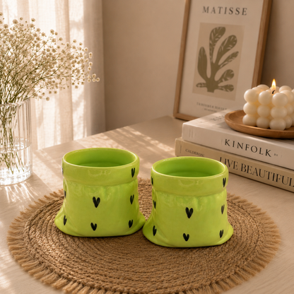 Green Ceramic Pouch Mug with Hearts