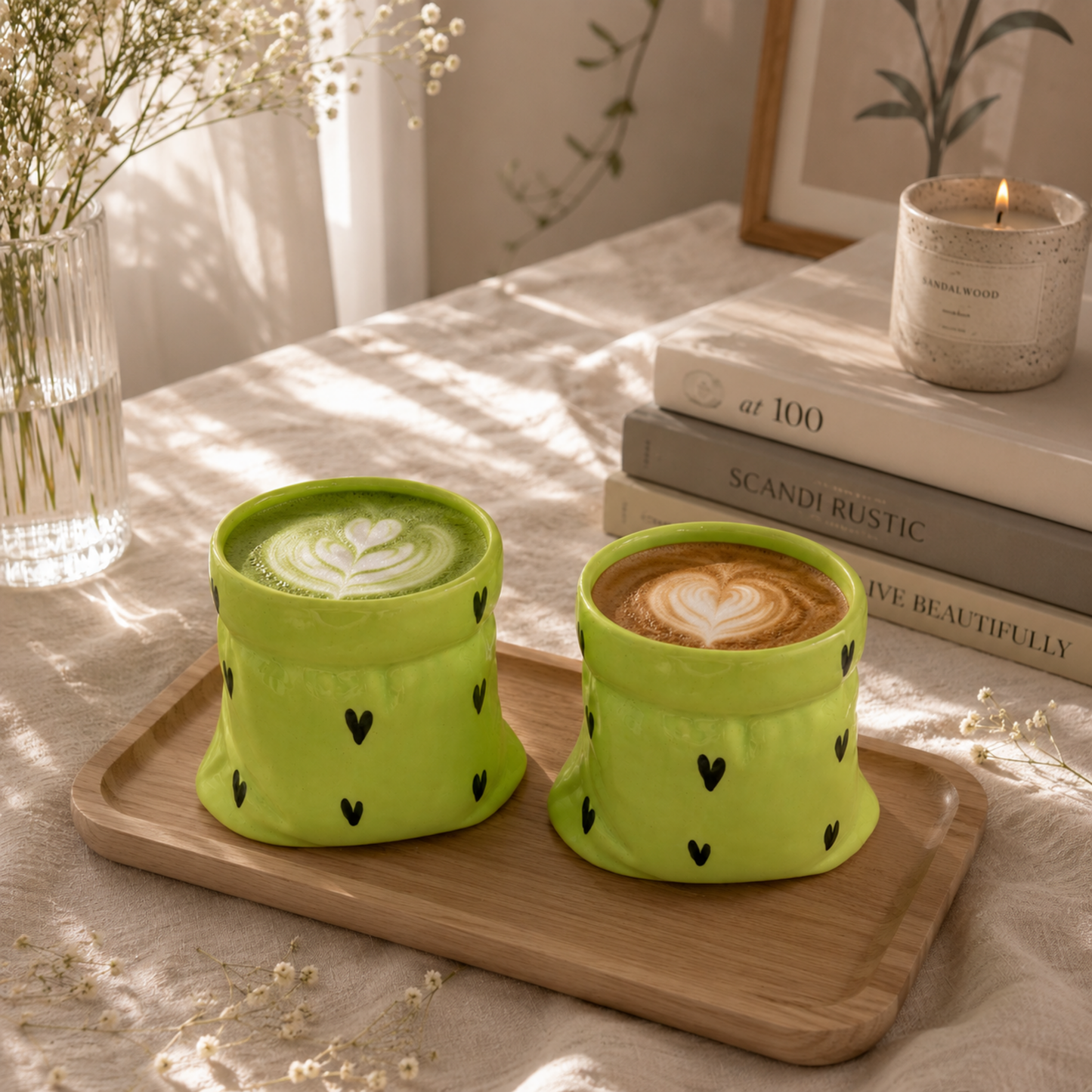 Green Ceramic Pouch Mug with Hearts