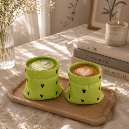 Green Ceramic Pouch Mug with Hearts