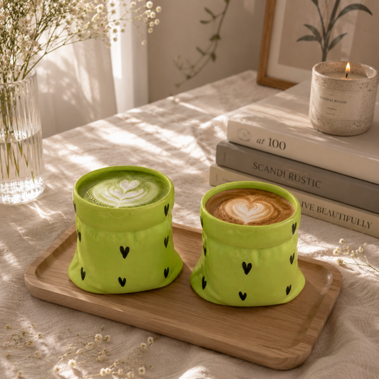 Green Ceramic Pouch Mug with Hearts