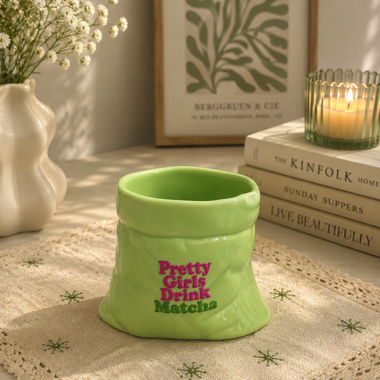 Pretty Girls Drink Matcha- Green Ceramic Pouch Mug with UV DTF Sticker