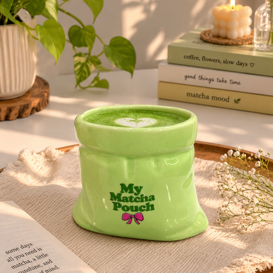 My Matcha Pouch- Green Ceramic Pouch Mug with UV DTF Sticker