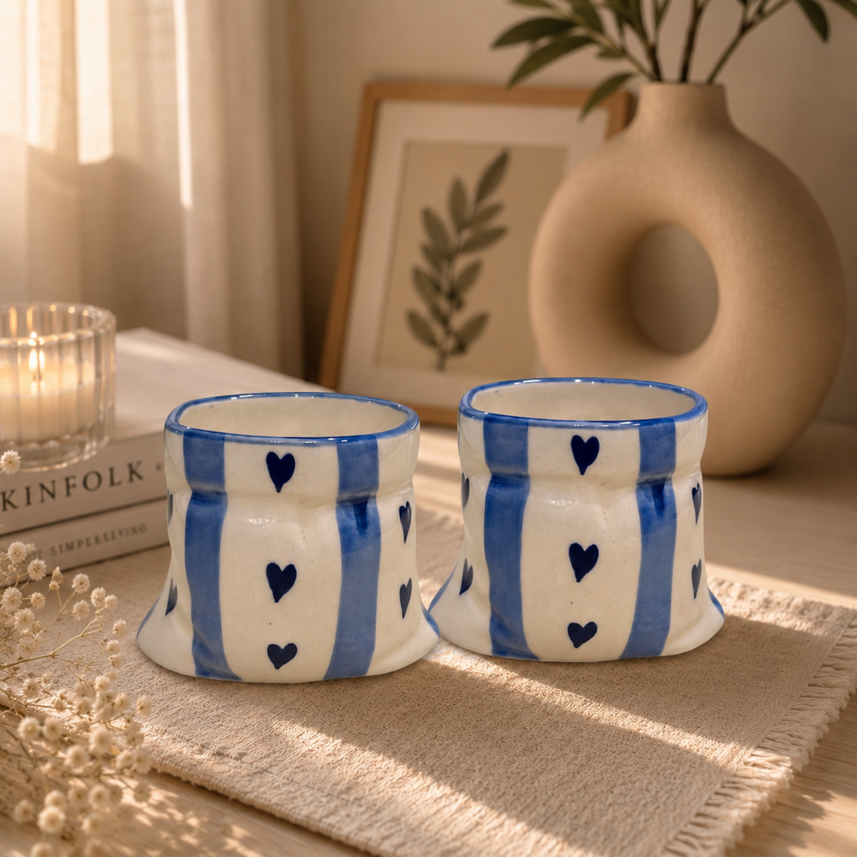 Blue stripes Heart Print Ceramic Pouch Mug