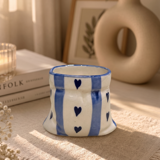 Blue stripes Heart Print Ceramic Pouch Mug