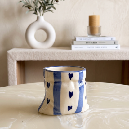 Blue stripes Heart Print Ceramic Pouch Mug
