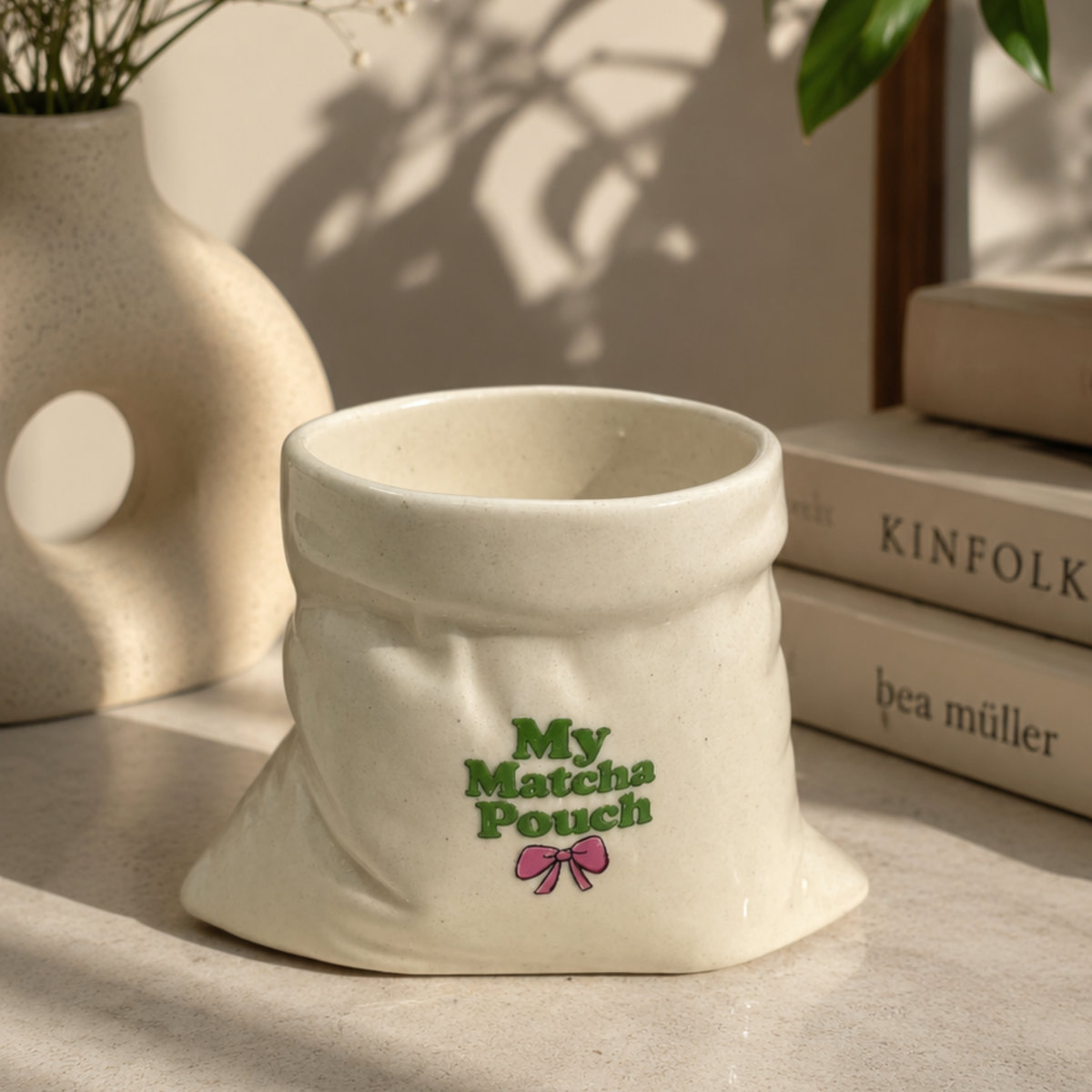 My Matcha Pouch- White Ceramic Pouch Mug with UV DTF Sticker