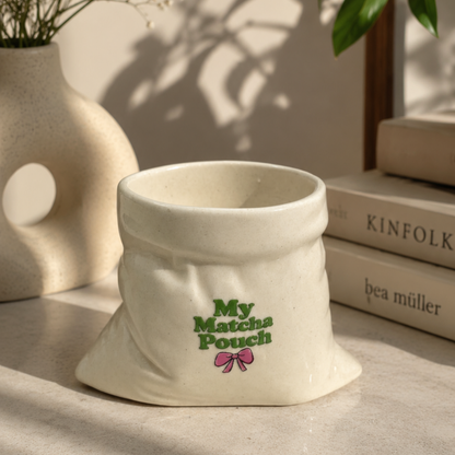 My Matcha Pouch- White Ceramic Pouch Mug with UV DTF Sticker