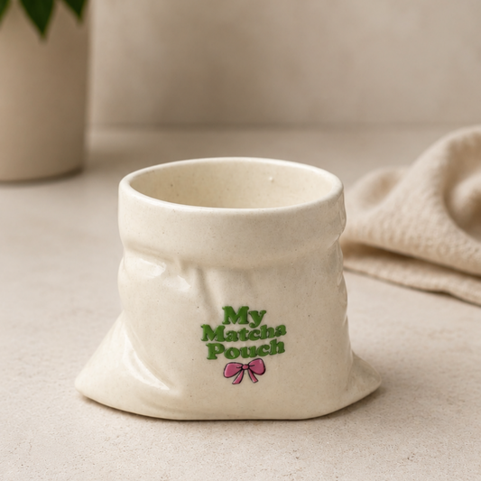 My Matcha Pouch- White Ceramic Pouch Mug with UV DTF Sticker