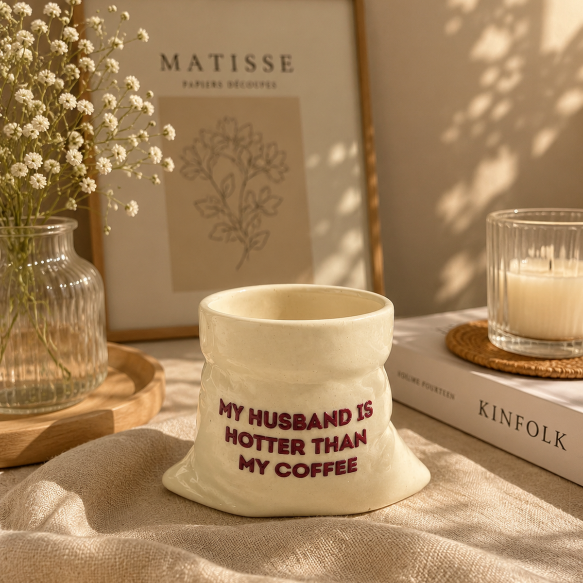 My Husband is Hotter than my Coffee- White Ceramic Pouch Mug with UV DTF Sticker