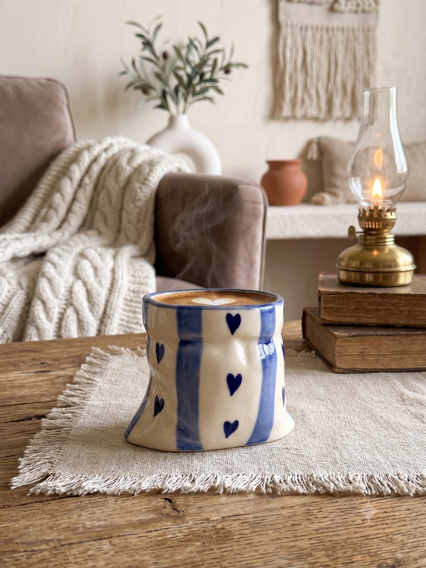 Blue stripes Heart Print Ceramic Pouch Mug