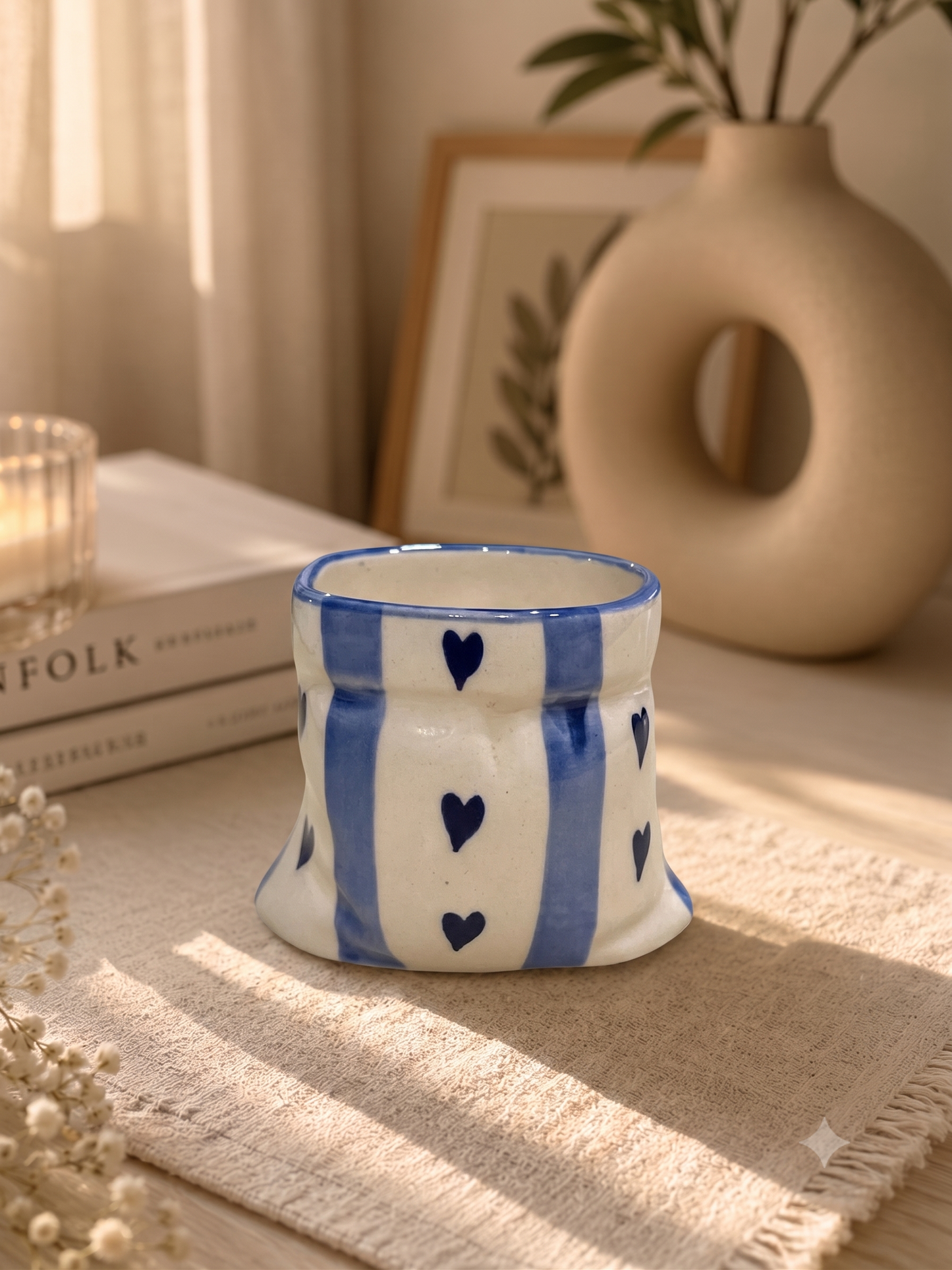 Blue stripes Heart Print Ceramic Pouch Mug