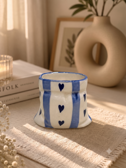 Blue stripes Heart Print Ceramic Pouch Mug