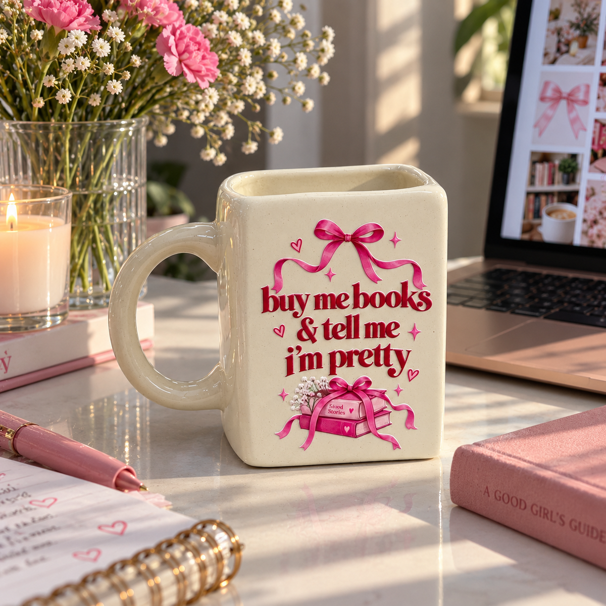 Buy me Books & Tell me I'm Pretty- Ceramic Book Mug- UV DTF Stickers