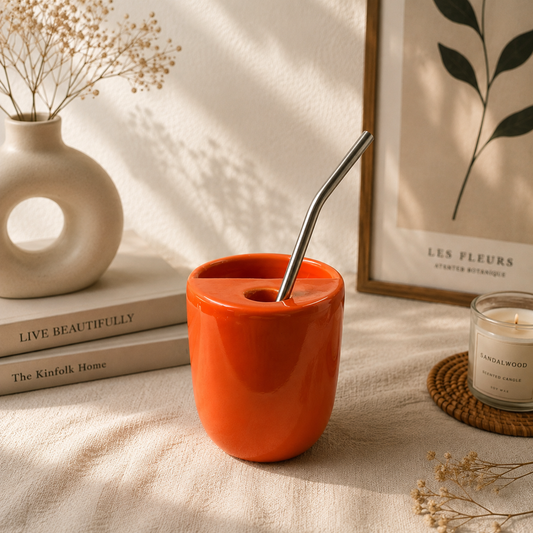 Orange Ceramic Sipper/Tumbler - with stainless steel straw