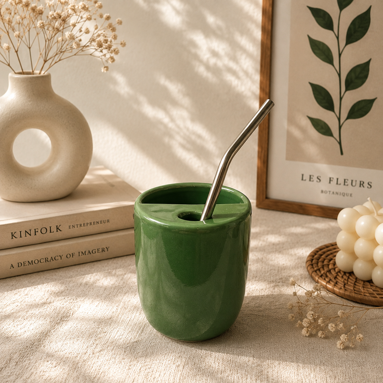 White Ceramic Sipper/Tumbler - with stainless steel straw