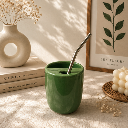 White Ceramic Sipper/Tumbler - with stainless steel straw