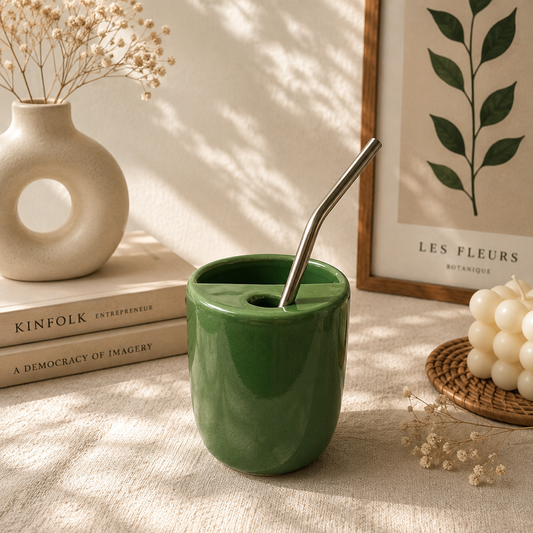 Green Ceramic Sipper/Tumbler - with stainless steel straw