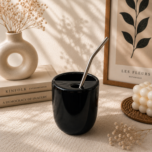 Black Ceramic Sipper/Tumbler - with stainless steel straw