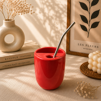 White Ceramic Sipper/Tumbler - with stainless steel straw