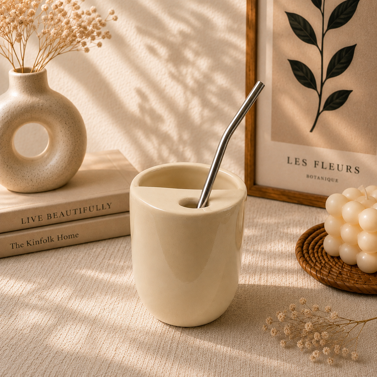 White Ceramic Sipper/Tumbler - with stainless steel straw