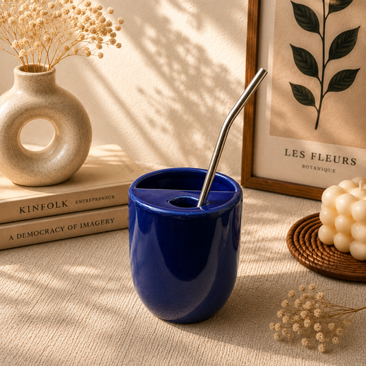 Blue Ceramic Sipper/Tumbler - with stainless steel straw