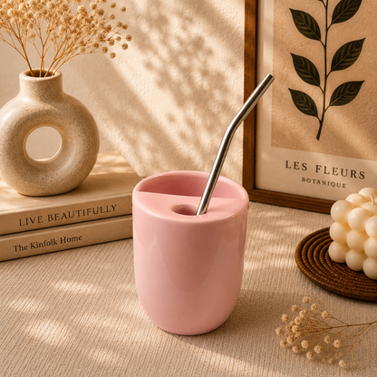 White Ceramic Sipper/Tumbler - with stainless steel straw