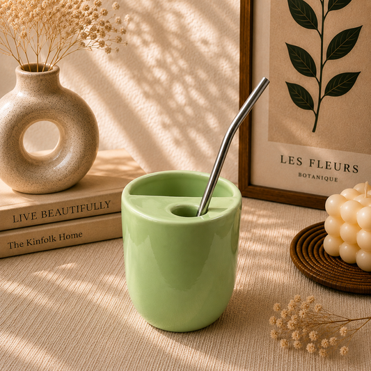 Light Green Ceramic Sipper/Tumbler - with stainless steel straw