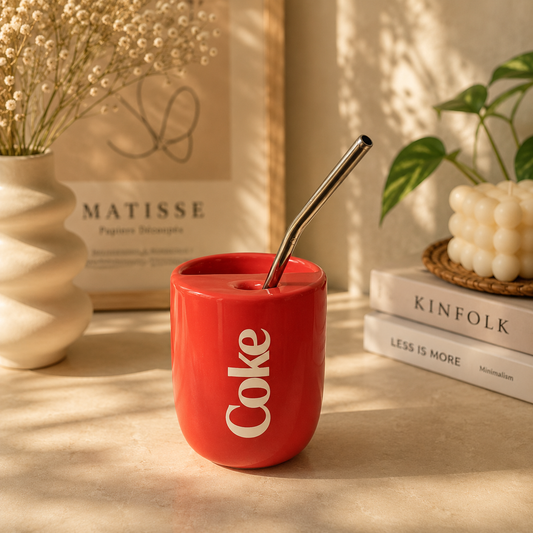 Coke Ceramic Sipper/Tumbler- Red Colour - with stainless steel straw- UV DTF Sticker