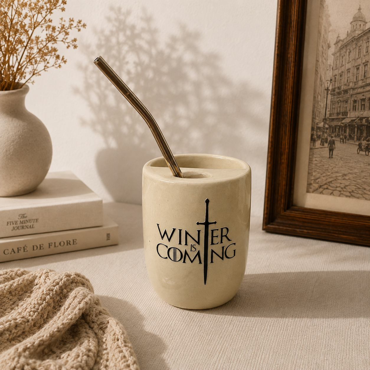 Winter is coming- Series Inspired Ceramic/Tumbler- with stainless steel straw- Name- UV DTF Stickers