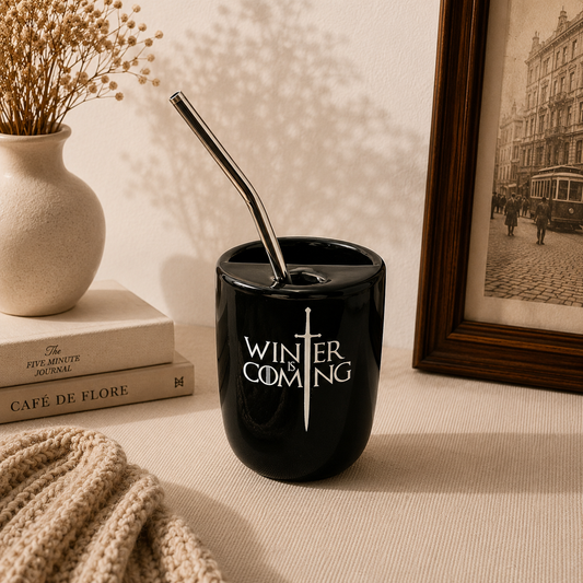 Winter is coming- Series Inspired Ceramic/Tumbler- with stainless steel straw- Name- UV DTF Stickers