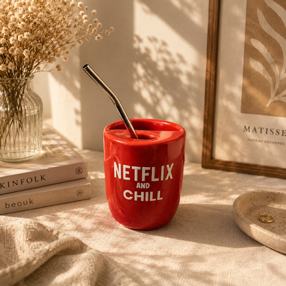 Netflix Inspired Ceramic/Tumbler- with stainless steel straw- UV DTF Stickers