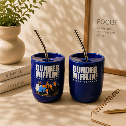 Dunder Mifflin- Inspired Ceramic/Tumbler- with stainless steel straw- Duo- UV DTF Stickers