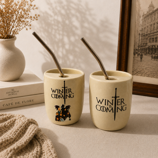 Winter is Coming- Series Inspired Ceramic/Tumbler- with stainless steel straw- Duo- UV DTF Stickers
