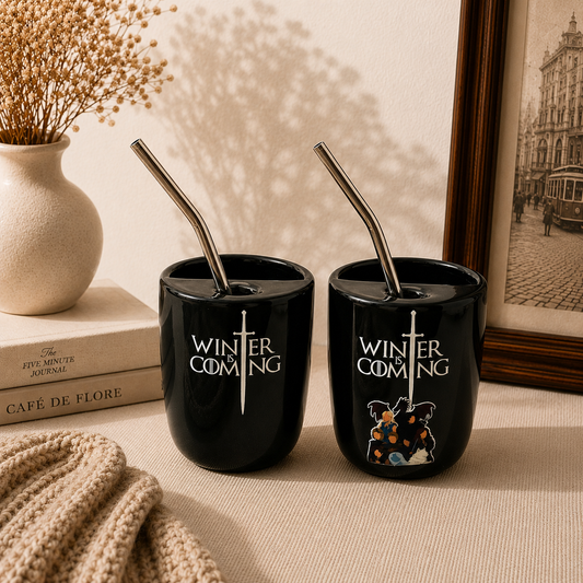 Winter is Coming- Series Inspired Ceramic/Tumbler- with stainless steel straw- Duo- UV DTF Stickers