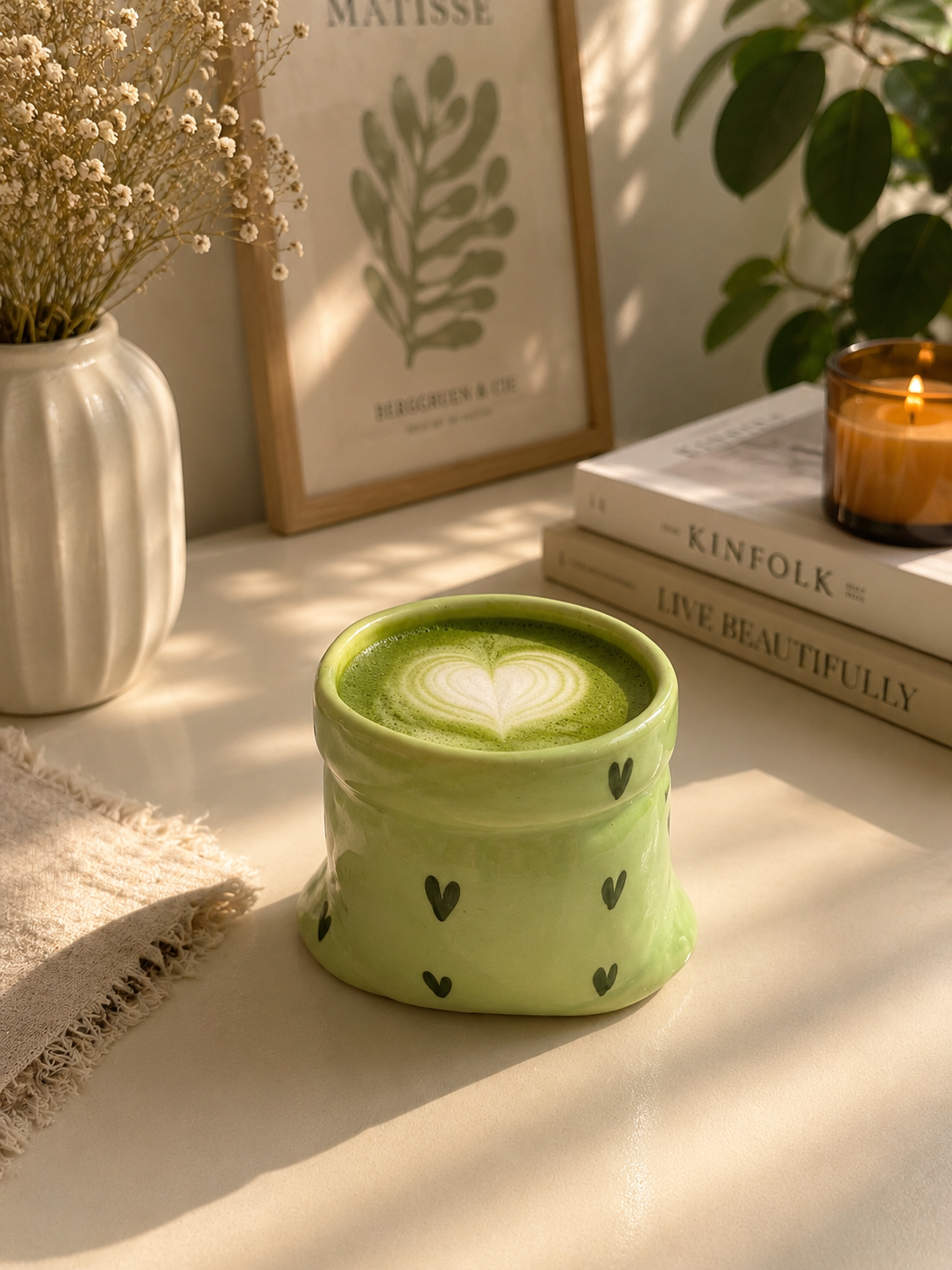 Green Ceramic Pouch Mug with Hearts