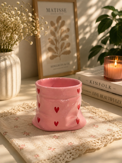 Pink Ceramic Pouch Mug with Hearts