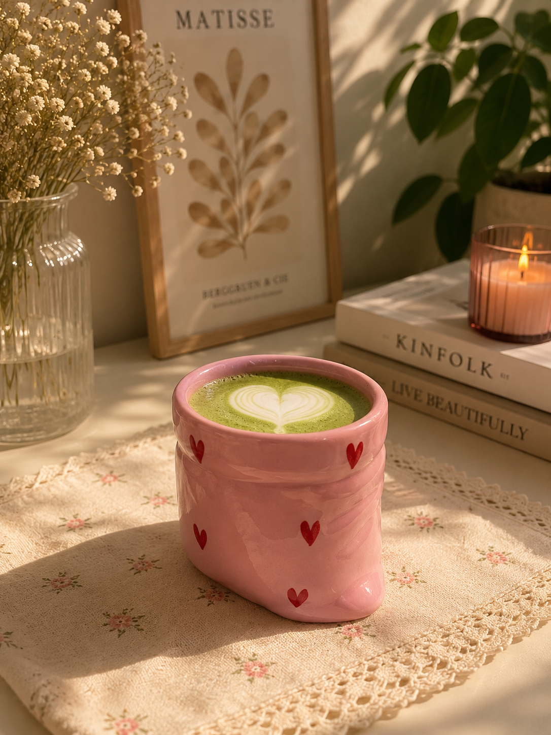 Pink Ceramic Pouch Mug with Hearts